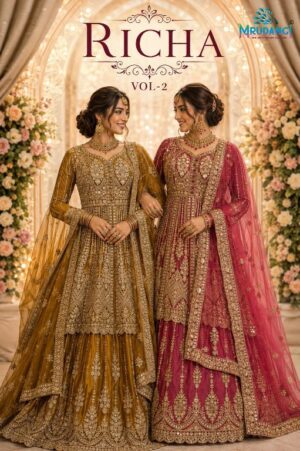 RICHA VOL 2 READYMADE REAL NET FULL HEAVY LOOK INDO WESTERN ANARKALI LEHENGA - Image 7